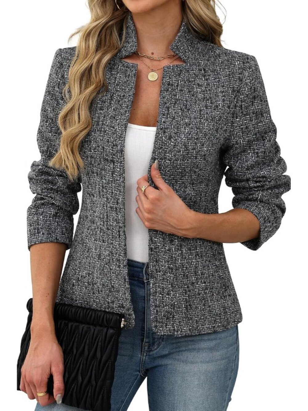 〽️Women's Grey Tweed Open Front Long Sleeve Notch Collar Casual Business Blazer